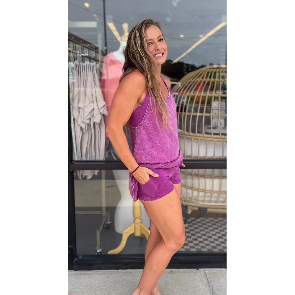 Zenana Romper Dress Medium Purple/Pink Mineral Wash Active Skort